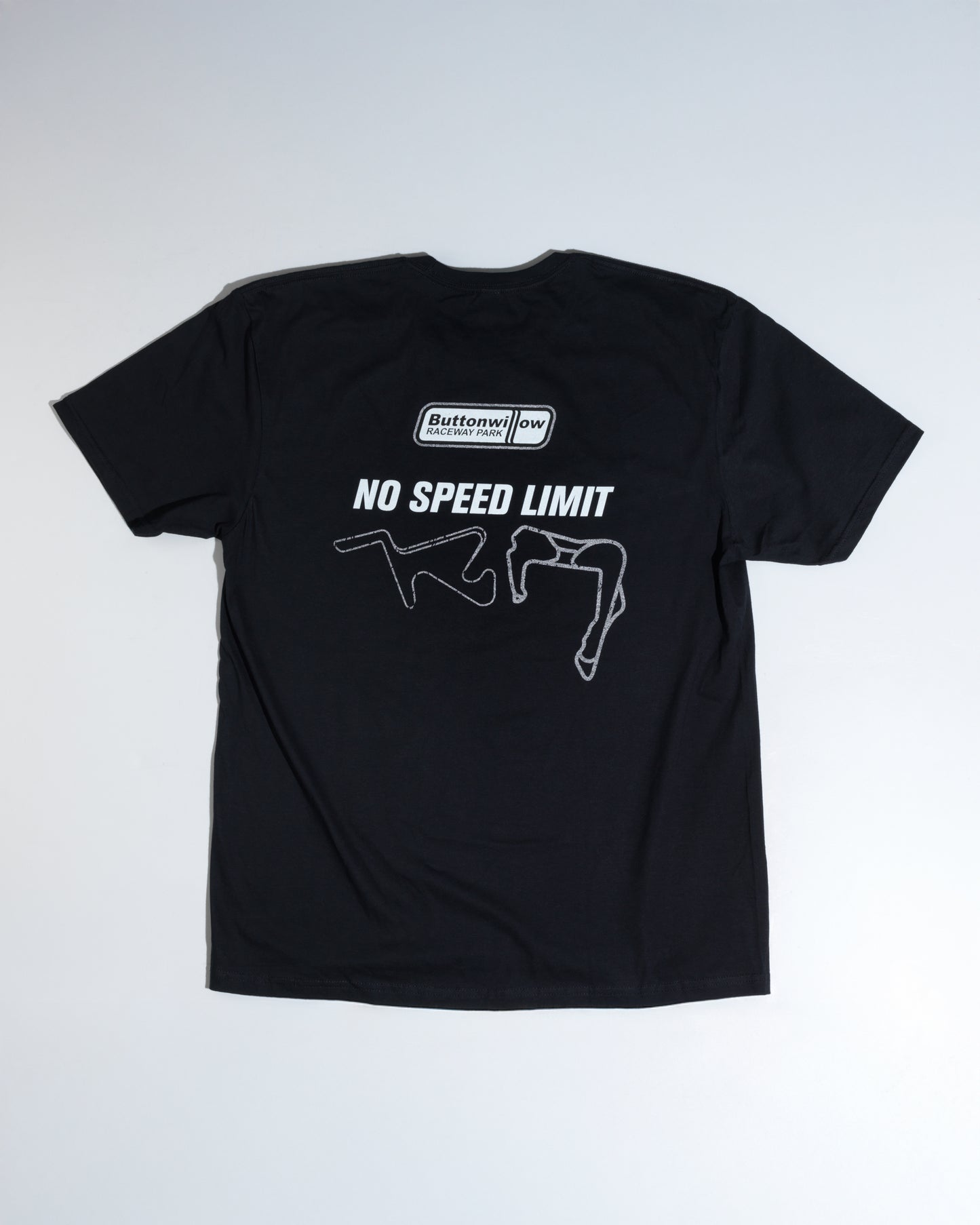 Back Buttonwillow Raceway Black “No Speed Limit” Tee – Dual Track Layout Graphic